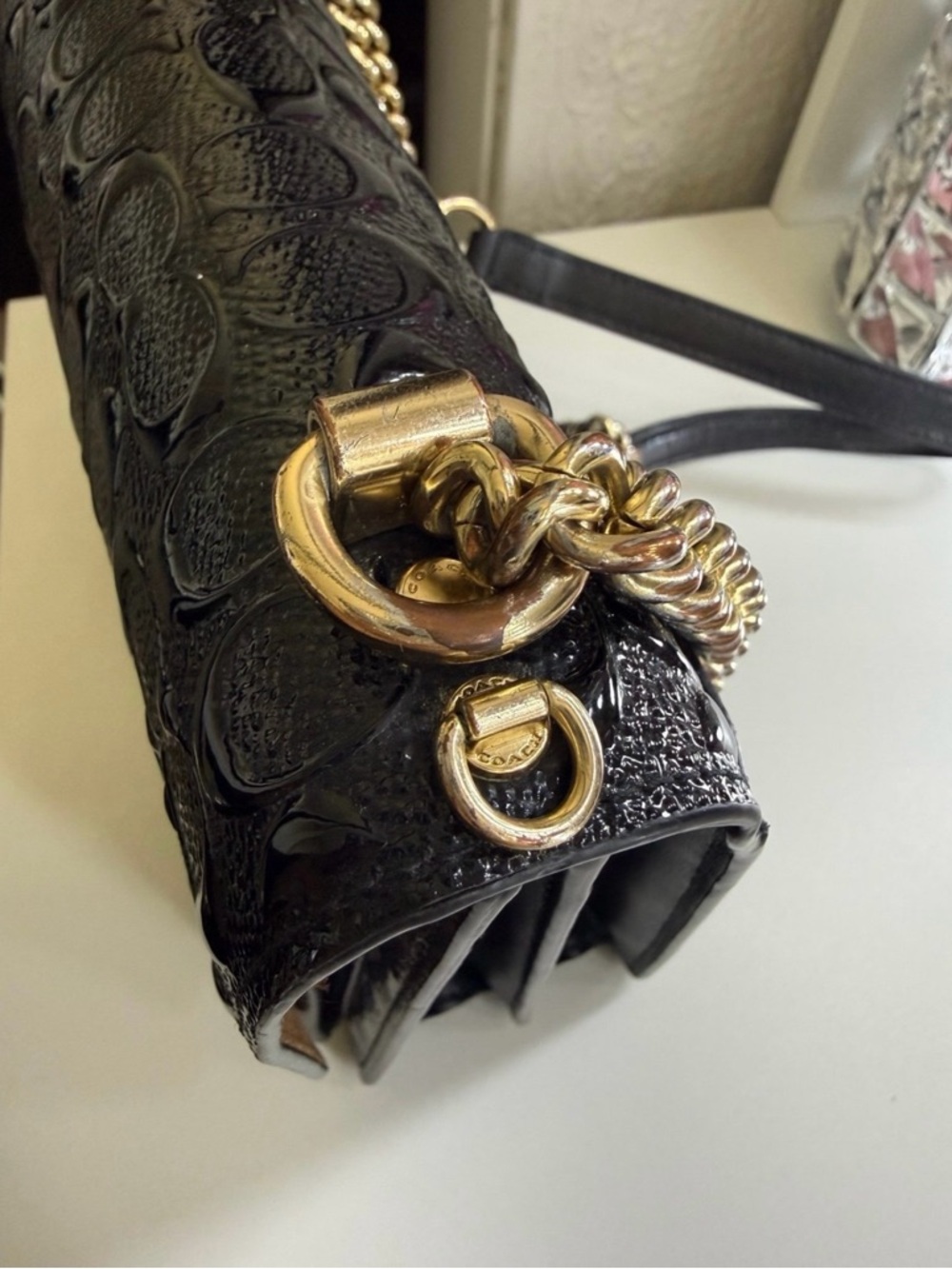 COACH Black Embossed Signature Leather Crossbody Bag - Picture 6 of 7